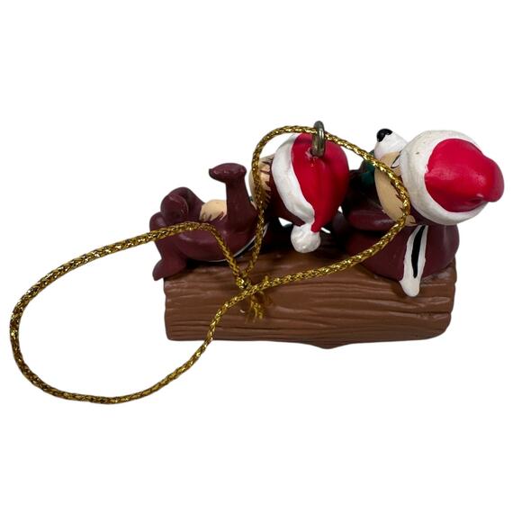Vintage Disney Chip 'n' Dale Christmas Ornament Santa Hats on Log Holiday Decor - Picture 4 of 8